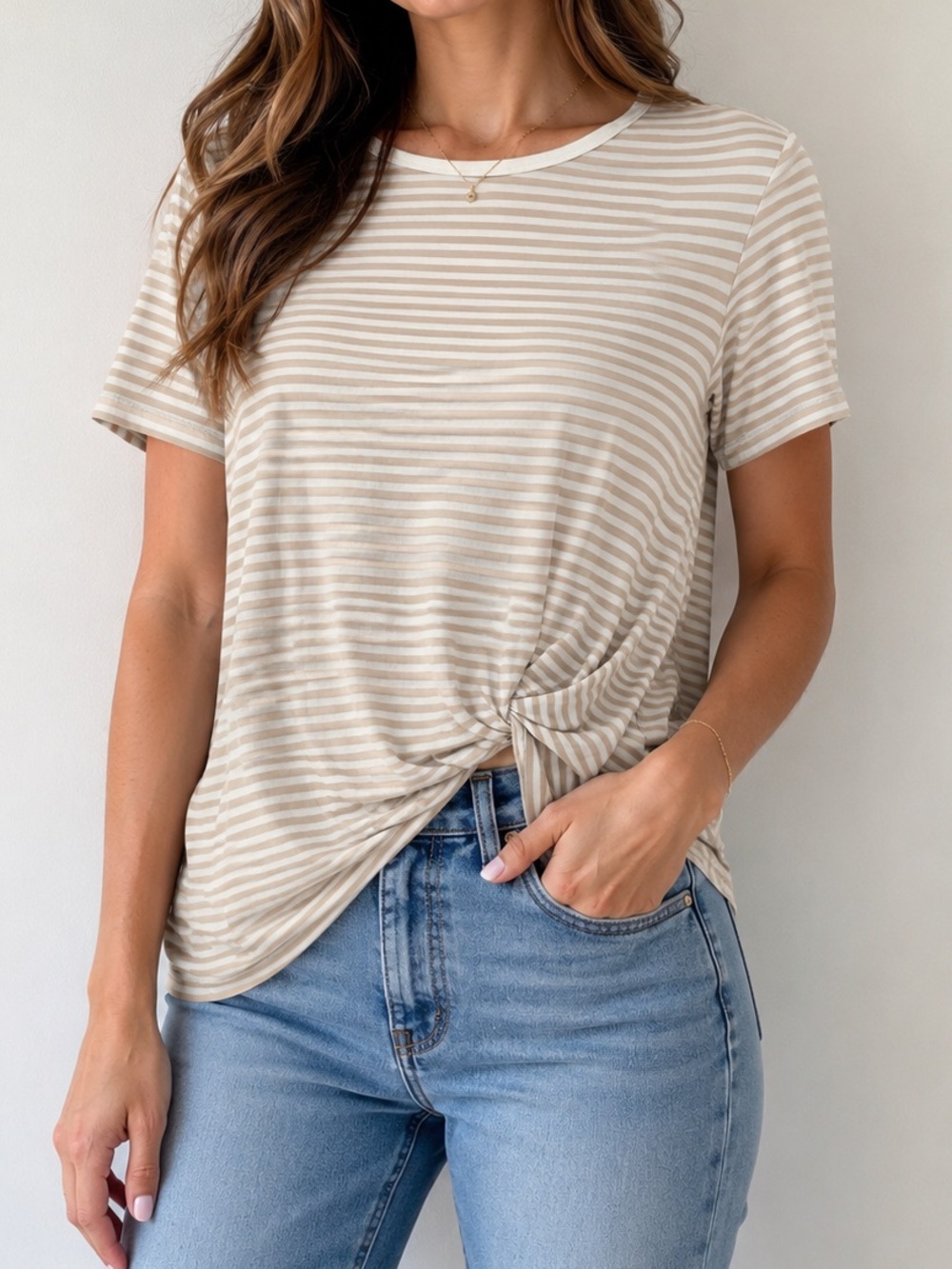 Jackson Rowe- Beige & White Striped Knotty Tee
